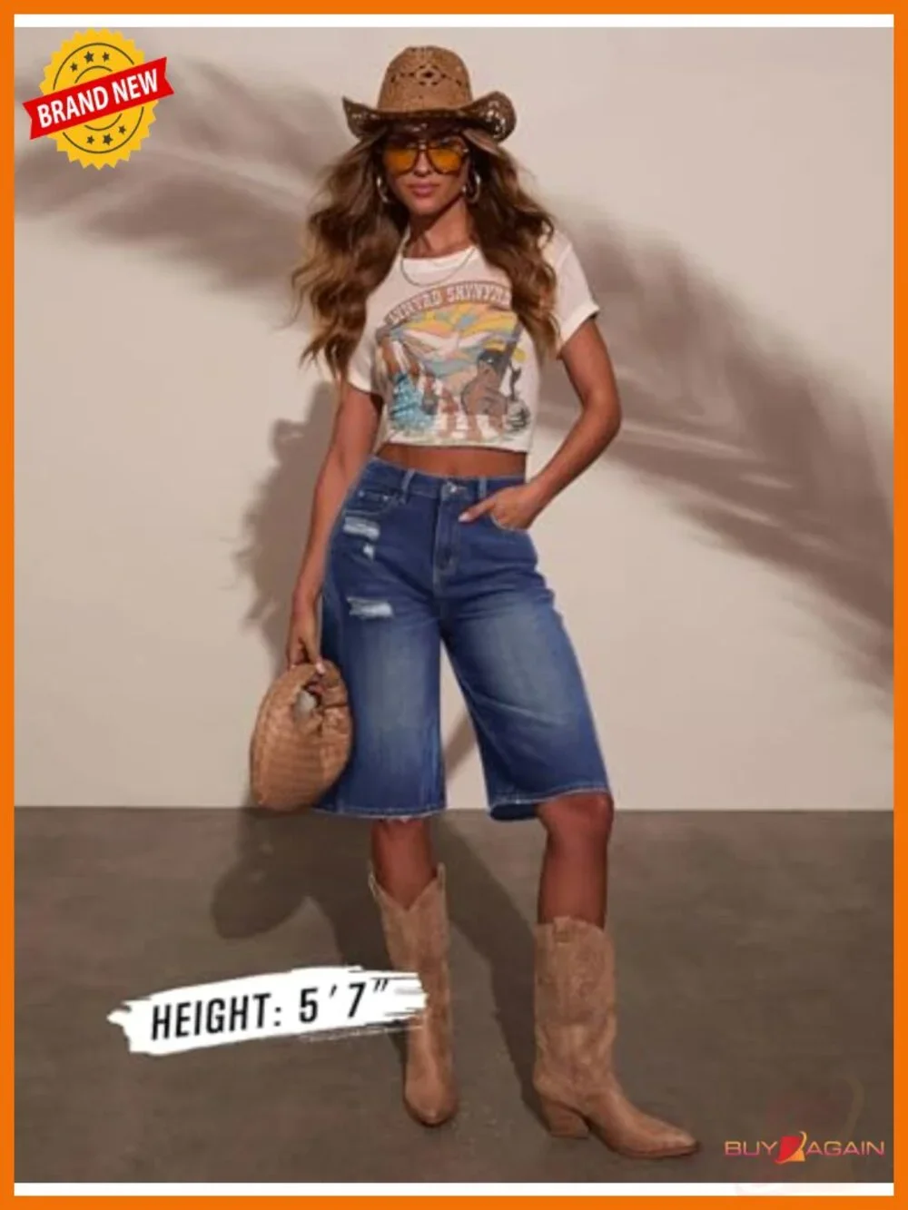 Wide Leg High Waisted Denim Jorts - Long Knee Length Bermuda Shorts